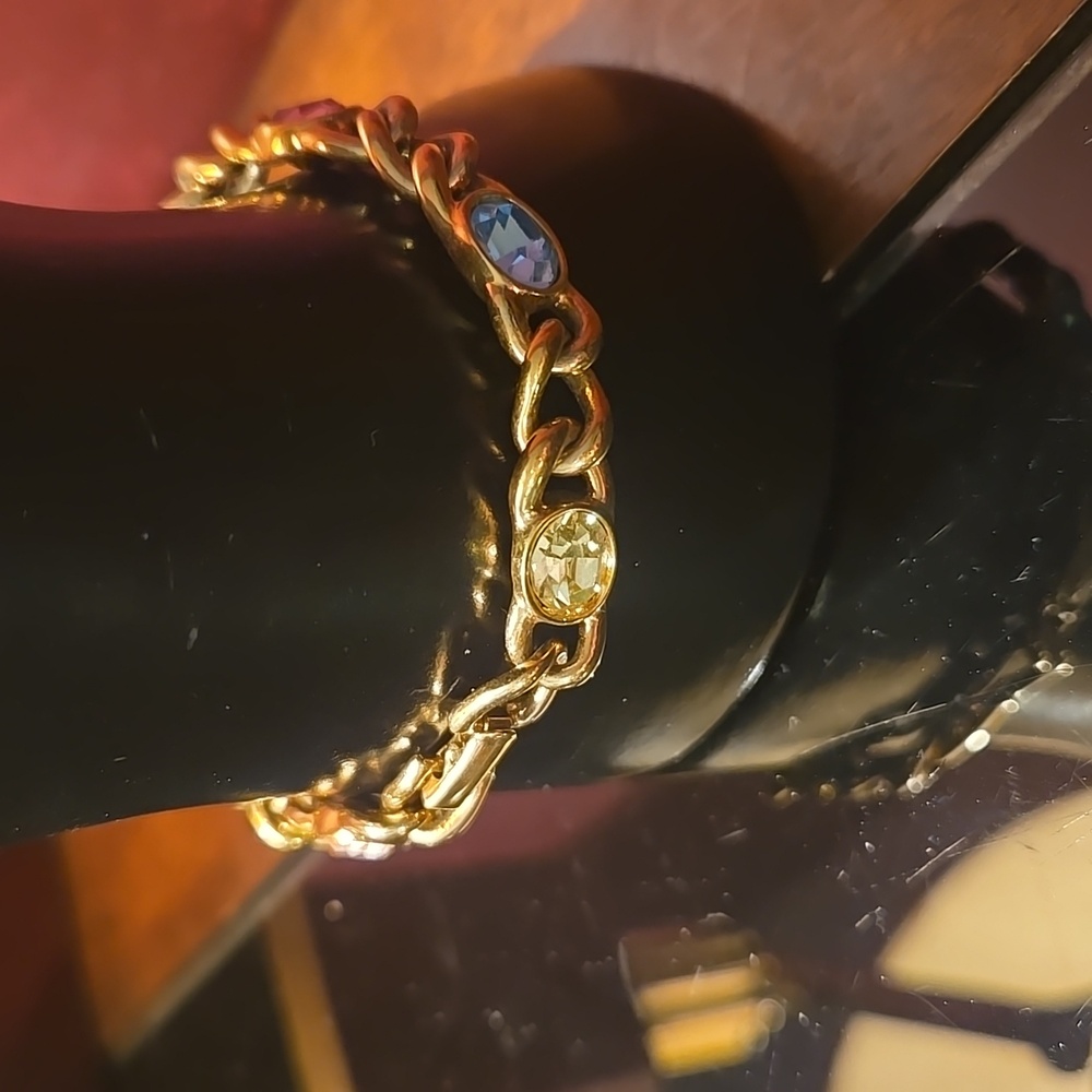Vintage Swarovski Swan Logo Gold-tone Multi-color Crystal Chain Bracelet 7.25" - Picture 6 of 13